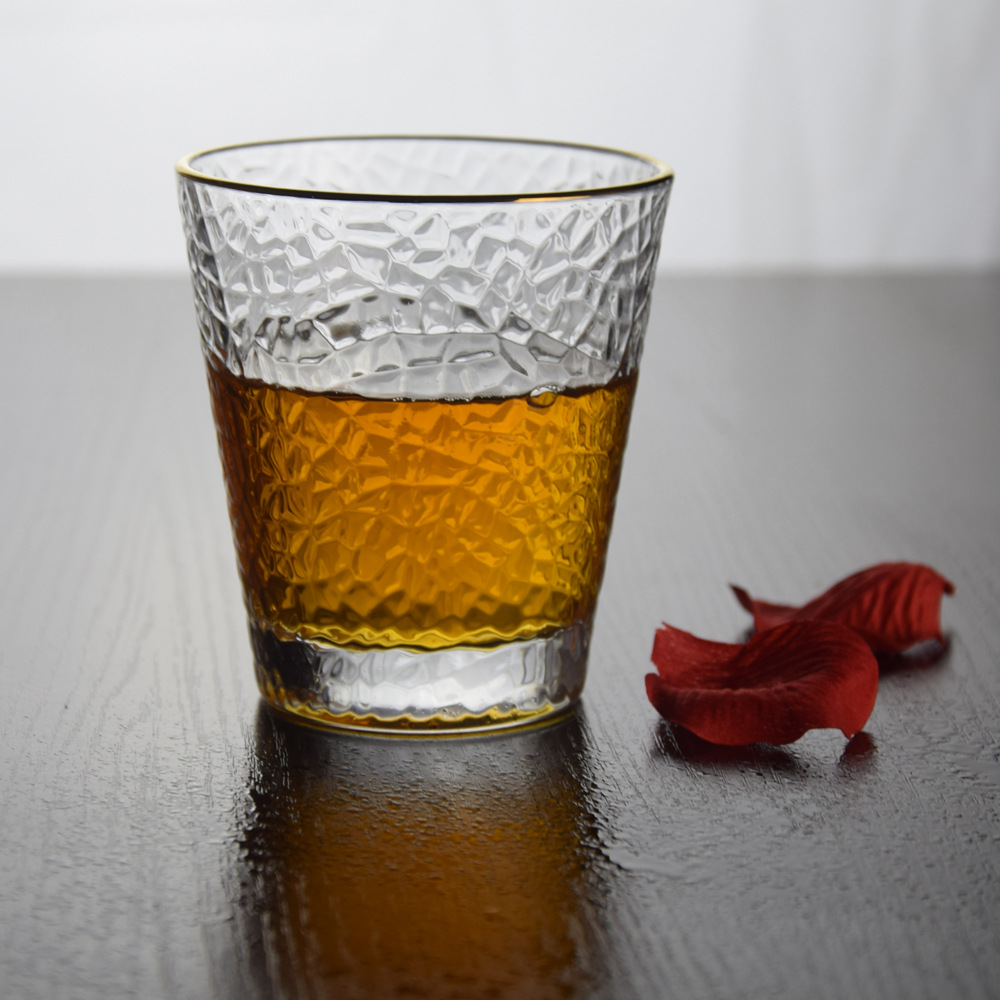 冰纹杯锤纹透明玻璃杯手工描金杯子威士忌洋酒杯加厚底