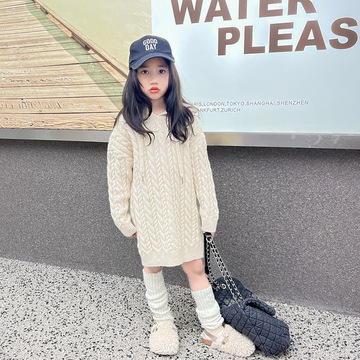 女童中长款毛衣外穿秋冬儿童连帽套头针织衫韩版女孩麻花宽松上衣