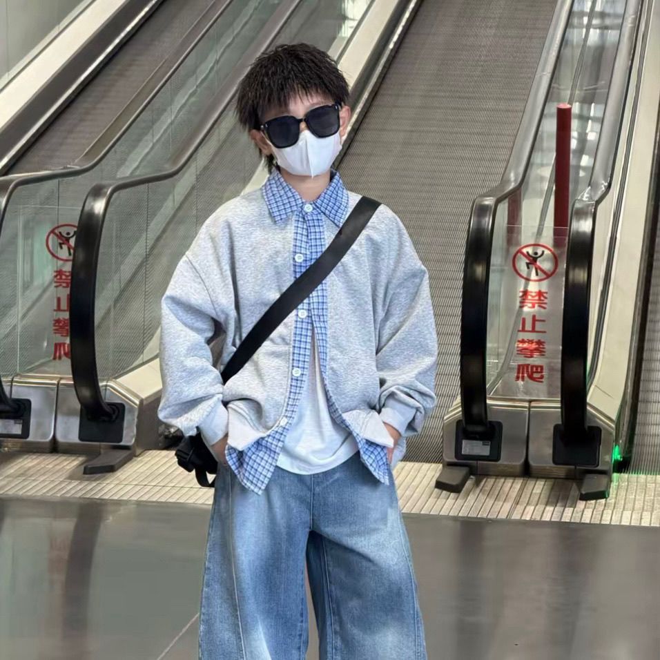 儿童秋季假两件外套中大童休闲叠穿上衣男童春秋套装弯刀牛仔裤潮