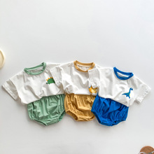 2022夏季韩版婴幼儿童卡通恐龙印花短袖套装男童宝宝包屁裤两件套