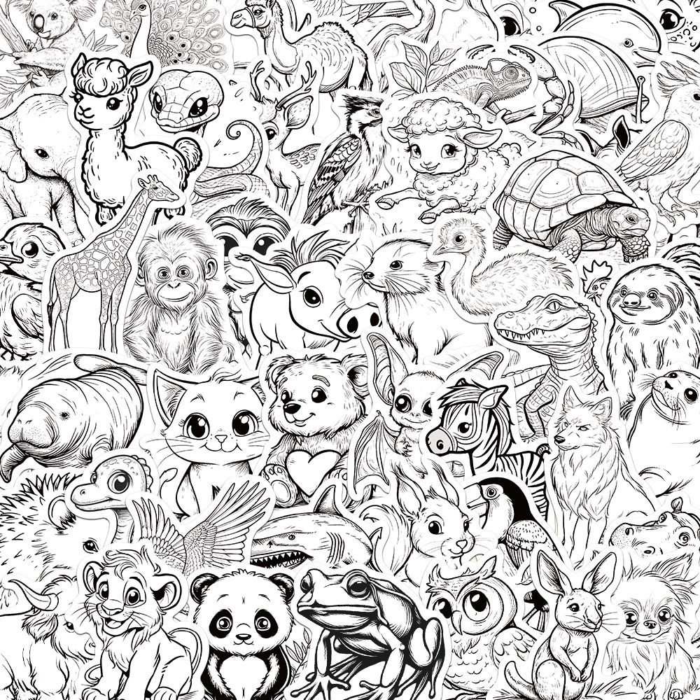 55张可爱卡通动物黑白动物素材手账贴纸水杯文具行李箱笔记贴画