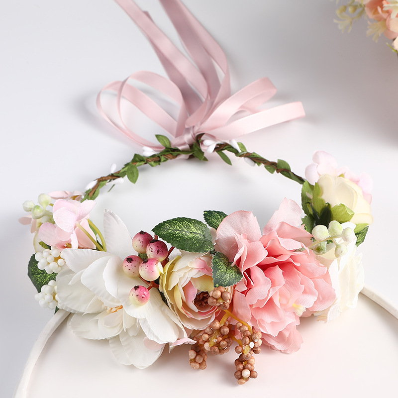 日韩超仙新娘头饰发箍花环粉色少女丝带手工藤条编织花环独立包装