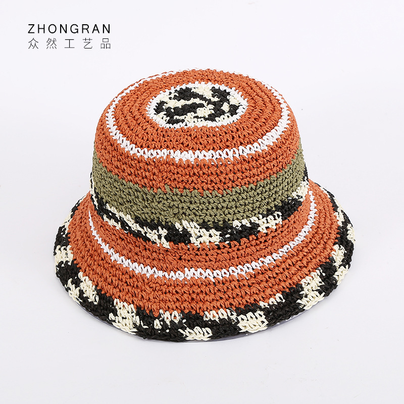 新款钩针草编帽子夏季折叠旅游段染彩色防晒渔纸草帽编织外贸批发