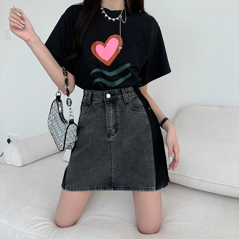   Denim Skirt Women's Summer New Pear Shapes arge Size High Waist A- line Skirt Short Contrast Colors Slimming Hip Skirt