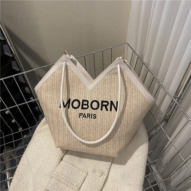 Straw Woven Bag Women's Bag 2022 Autumn New Fashion Letters Large Capacity Totes Sweet Leisure Shoulder Bag