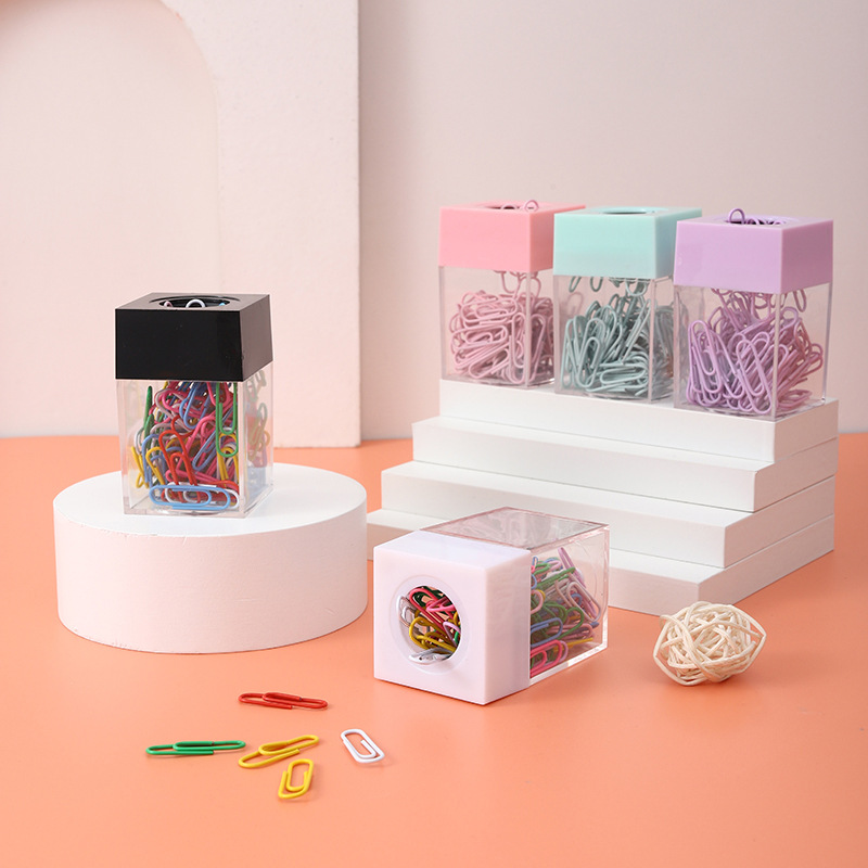 lDM Creative Macaron Color Magnetic Clip Storage Bucket Transparent Plastic Paper Clip Barrel Small Storage Box