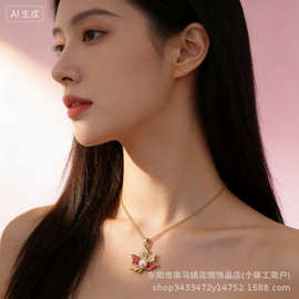 跨境电商立体几何形金色叶子吊坠项链 微镶满钻锆石枫叶珍珠项链