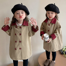女童中长款风衣春秋款2024新款时尚小女孩撞色外套中小儿童装上衣