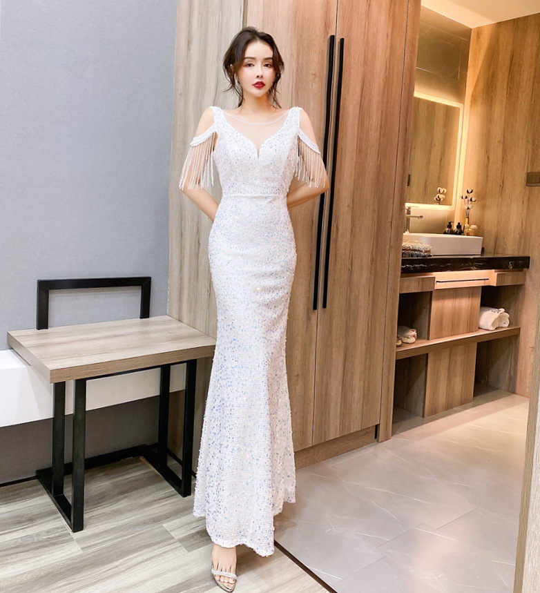 2910148夜店性感网纱亮片v领低胸表演服结婚伴娘长裙背心连衣裙