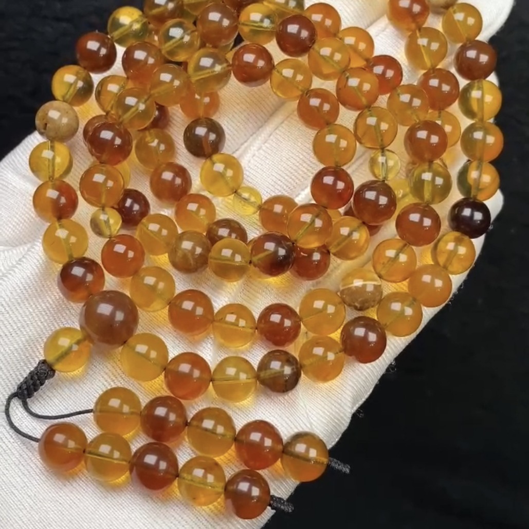 天然缅甸琥珀蜜蜡多宝108佛珠 由蓝珀金棕血珀溶洞棕红穿塔而成-阿里