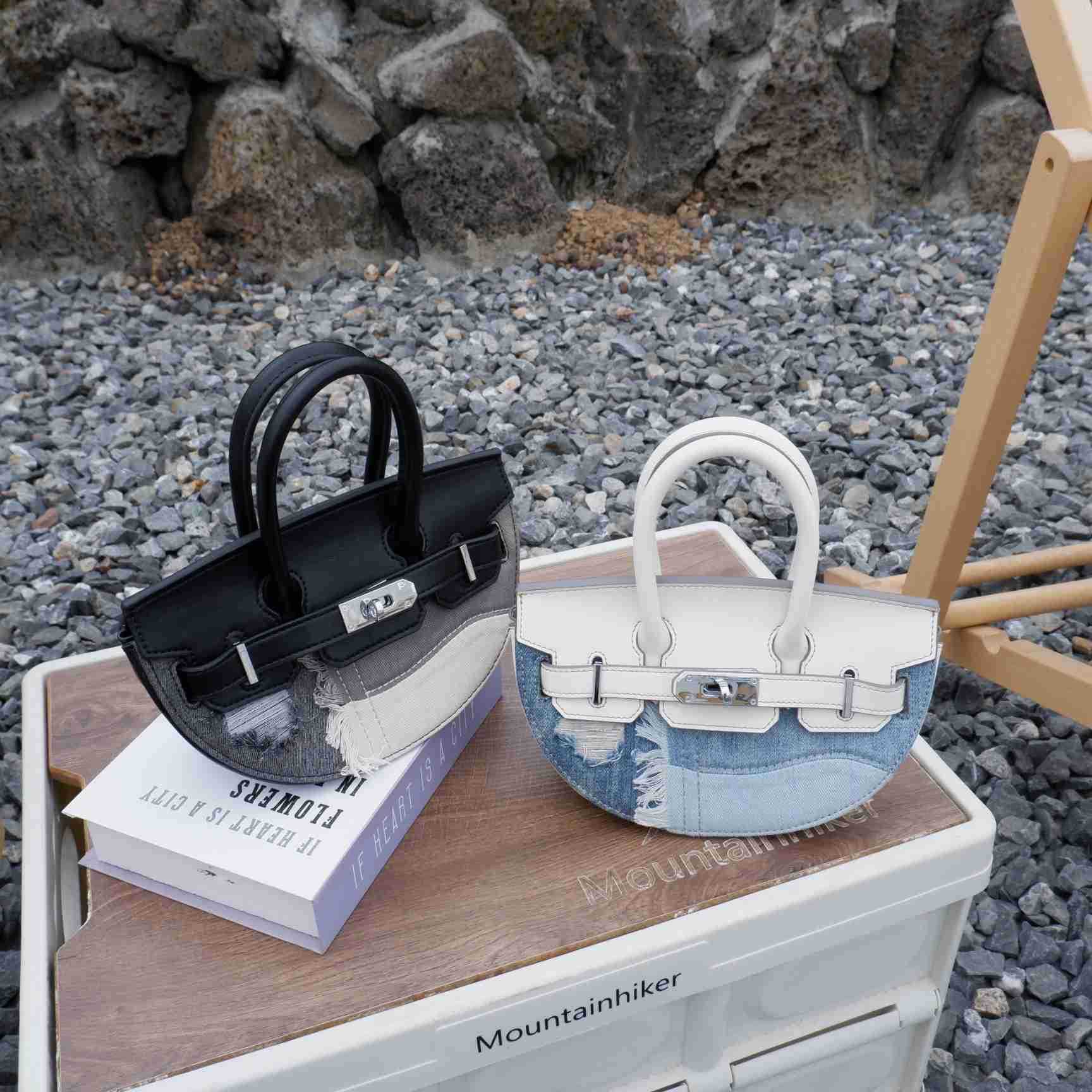 remake牛仔拼接sp半圆牛皮女铂金包手提斜挎包