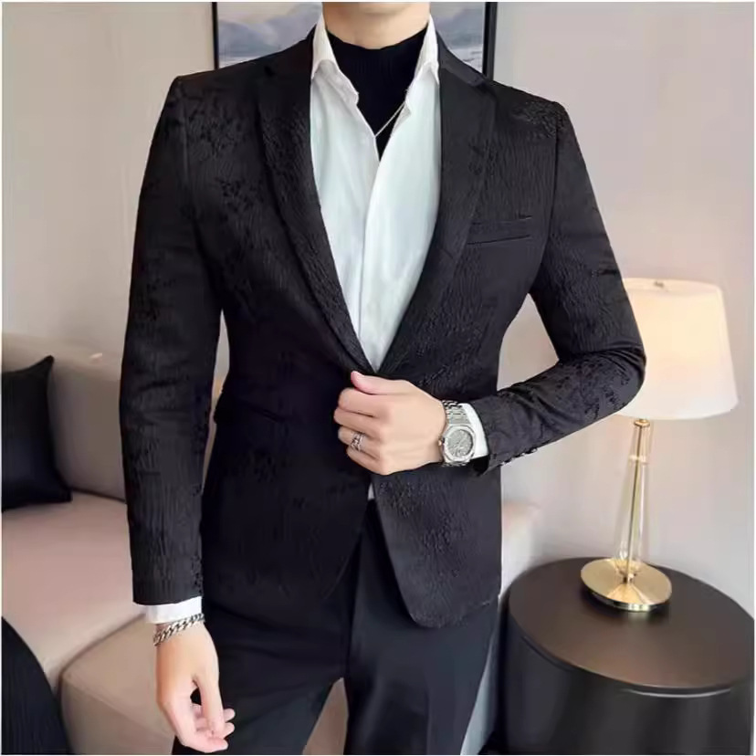 2024新款男士休闲提花西服上衣韩版修身时尚单扣西装新郎礼服外套