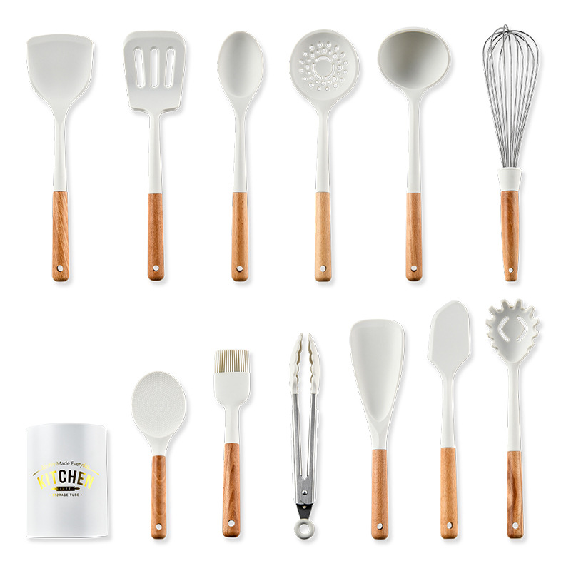 Wooden Handle White Silicone Kitchenware Set 12-Piece Set Nordic Instagram Style Simple Non-Scratch Pot Kitchen Tools Suit