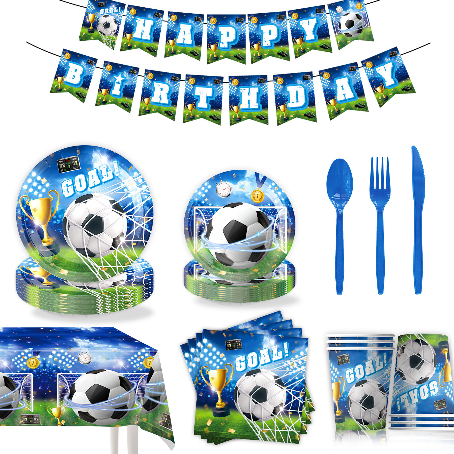 亚马逊新品蓝色足球世界杯主题儿童生日派对装饰用品餐具横幅海报