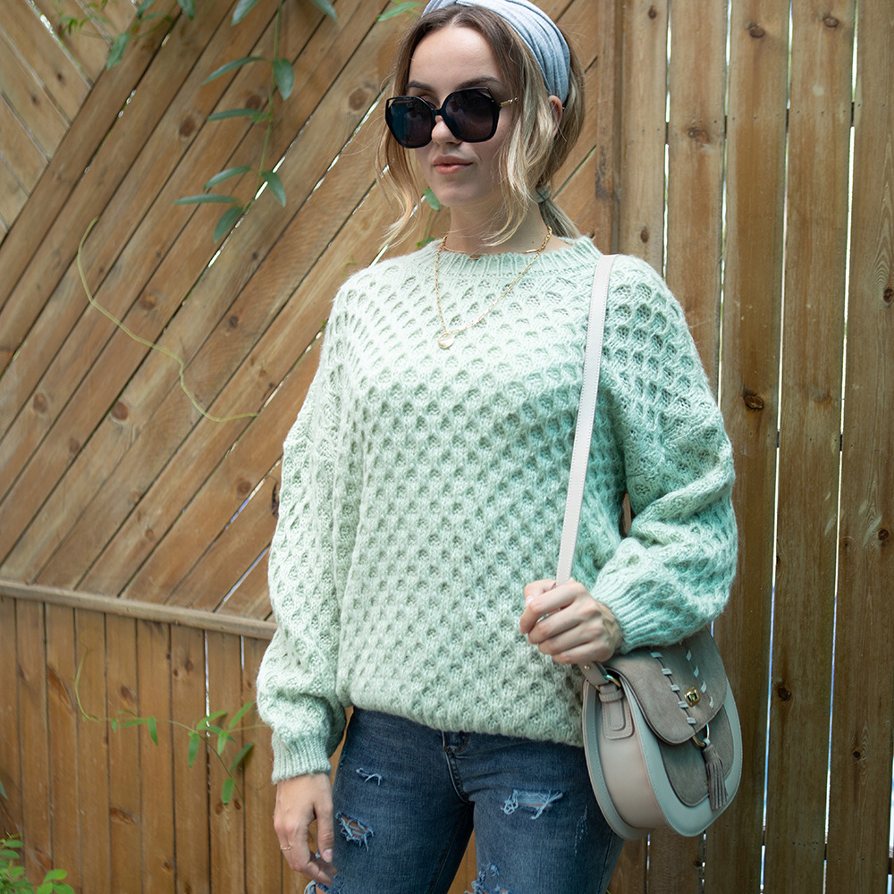 跨境货源2021秋季欧美休闲套头圆领长袖网格毛衣女式针织衫