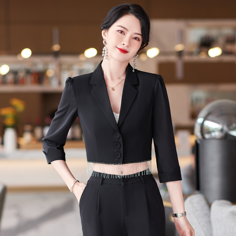 黑色短款西服正装女士春夏季韩版职业装套装修身七分袖小西装性感