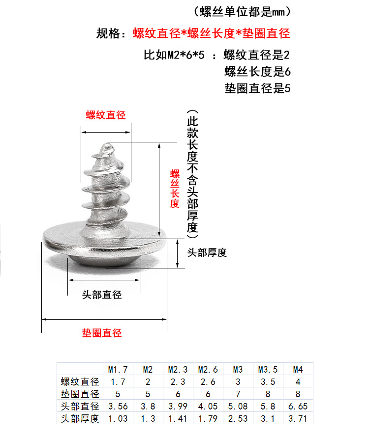 pwa304不锈钢带介自攻螺丝大圆头带垫自带垫片自攻钉m1.7m2m3m4