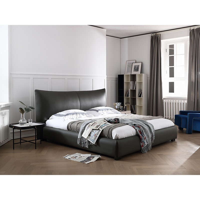 意大利头层牛皮黑色床极简风主卧双人真皮床1.