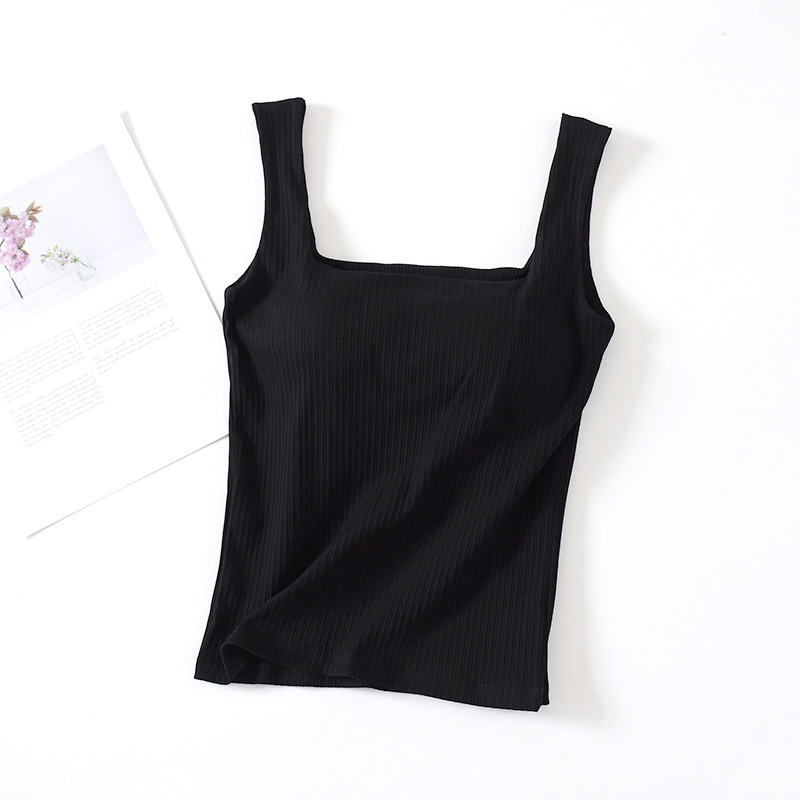 Square Collar Vest with Chest Pad Women's Camisole Base Wireless Bra Underwear Inner Thread Cotton off-Shoulder Top Summer