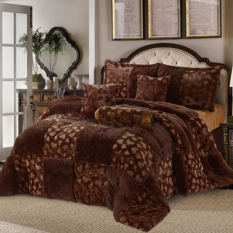 Cross-Border PV Plush Fabric Fluffy Quilt Winter Thermal Bed Comforter Skin-Friendly Seven-Piece Bedspread Bedding