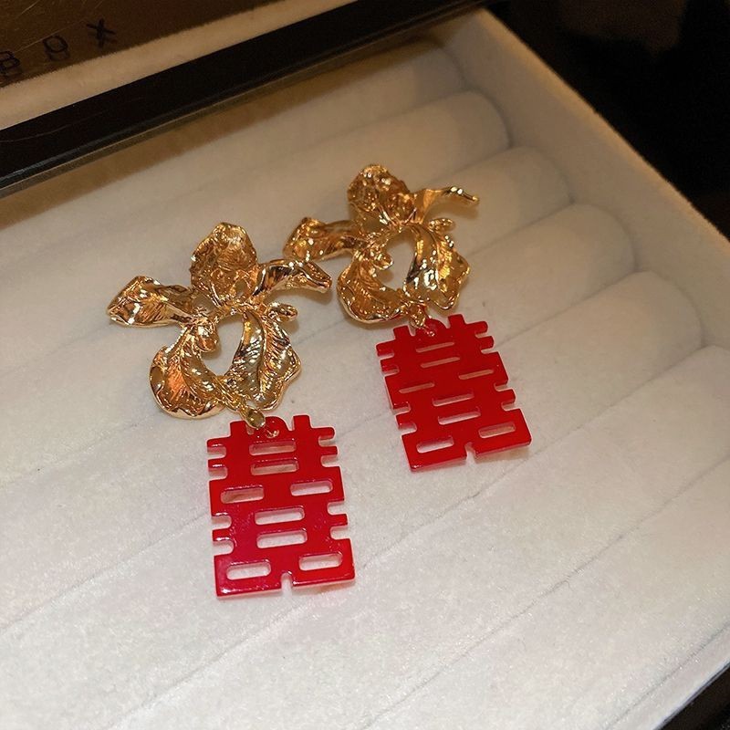 新款结婚喜字耳环新中式红色旗袍复古新娘跟妆造型耳饰敬酒服配饰