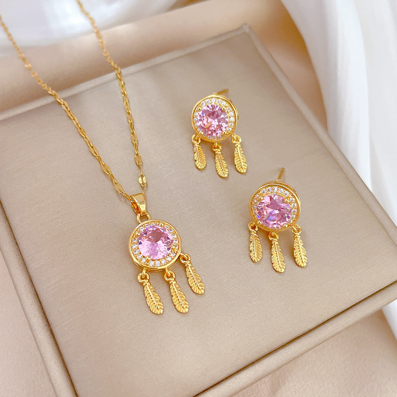 [Set] High Quality Elegant Light Luxury Full Zirconium Heavy Industry Real Gold Plated Copper Micro Inlaid Earrings Necklace Set Combination