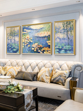 美式沙发背景墙挂画欧式客厅装饰画名画风景莫奈油画作品三联睡莲