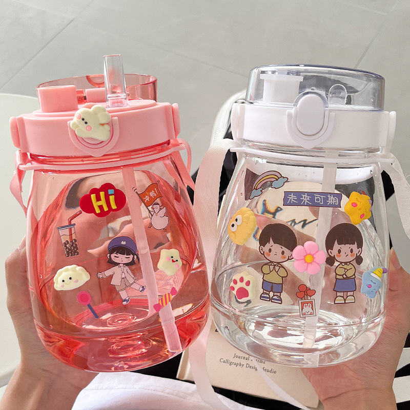 Internet Celebrity Double Drink Big Belly Drinking Cup Good-looking Big Belly Cup Plastic Cup with Straw Student Strap Kettle Gift Cup