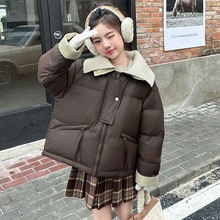 女童冬装棉衣外套2024新款女孩冬季小羊皮免洗羽绒棉毛领短款棉服