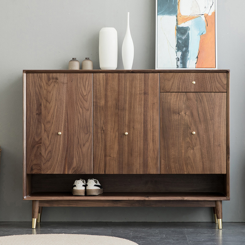 北欧樱桃木实木玄关柜 白橡木家用三门收纳储物鞋架 黑胡桃鞋柜