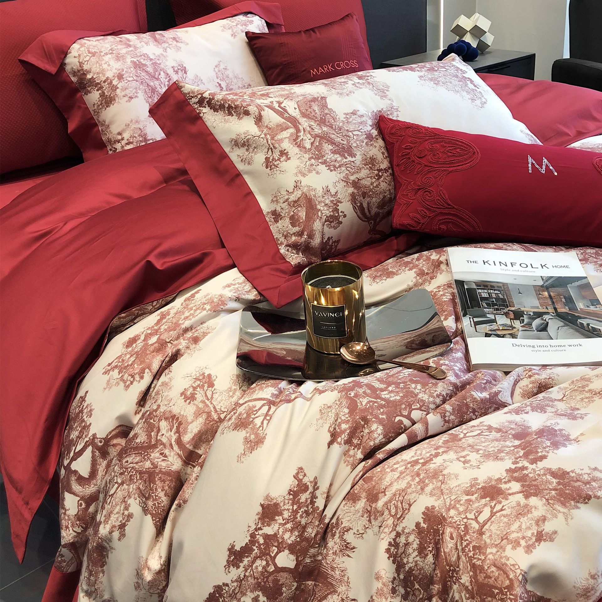 婚庆100支长绒棉四件套时尚高端数码印花大红色被套床上结婚用品