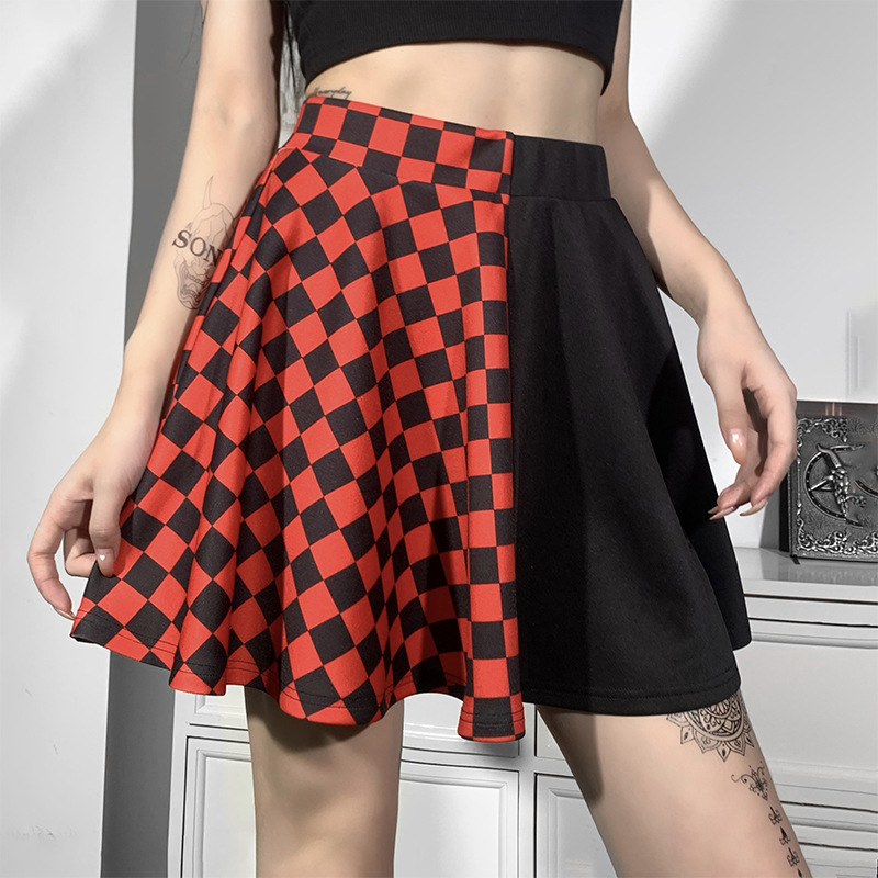 欧美暗黑少女系撞色格纹拼接半身裙时尚个性潮流短裙女款qy21059