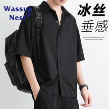 WASSUP短袖衬衫男2024夏季冰丝黑色大码休闲衬衣垂感宽松新款半袖