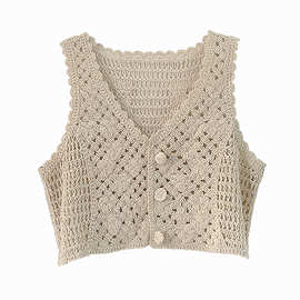 3%镂空小马甲背心女士夏季蕾丝薄款马夹小坎肩针织短款无袖外搭开衫