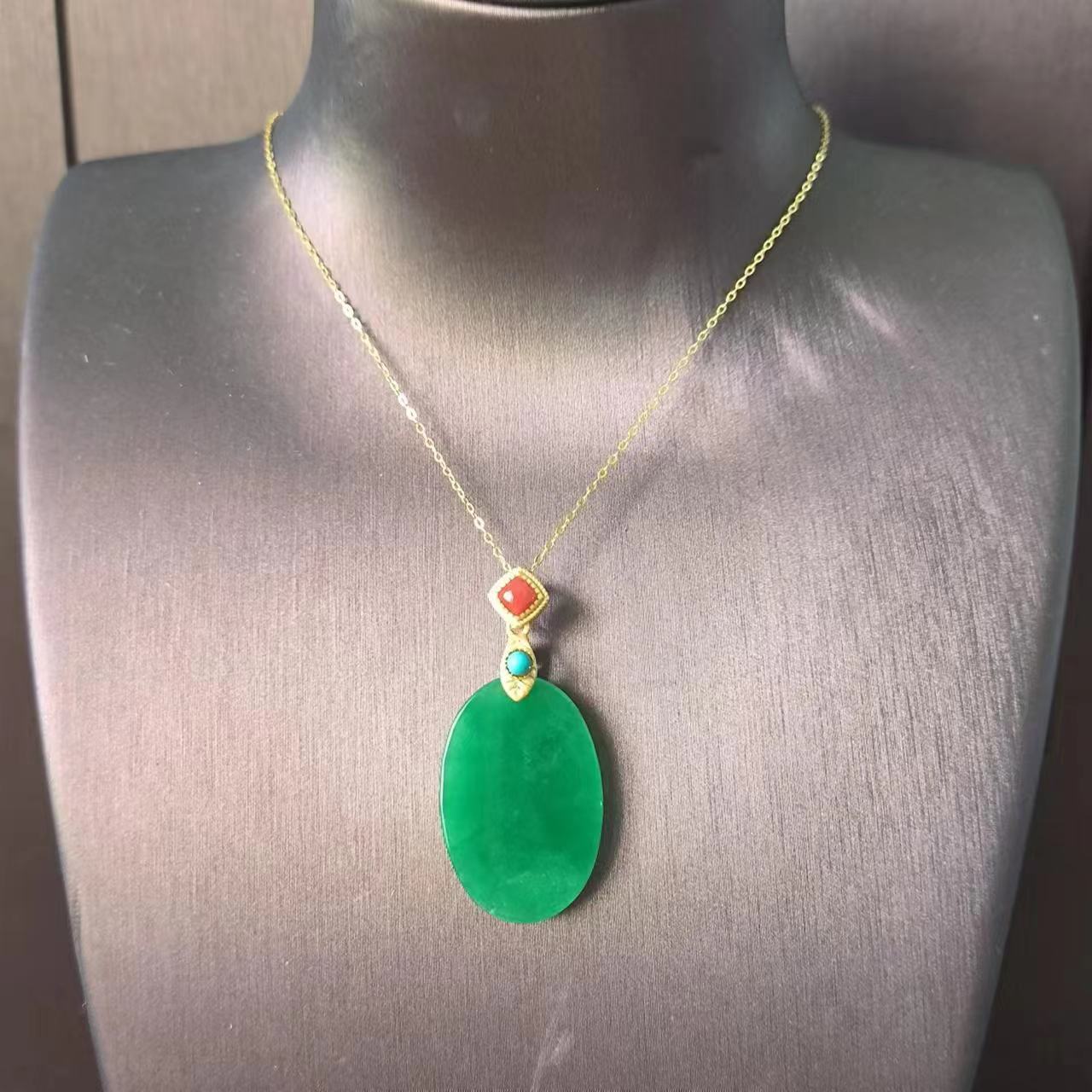 2件起批翡翠干青圆形椭圆形吊坠项链毛衣链平安无事牌s925银镀金