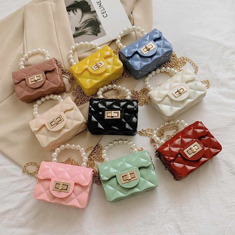 Children's Bags 2023 New Mini Jelly Bag Rhombus Small Sachet Pearl Hand Shoulder Crossbody Chain Bag