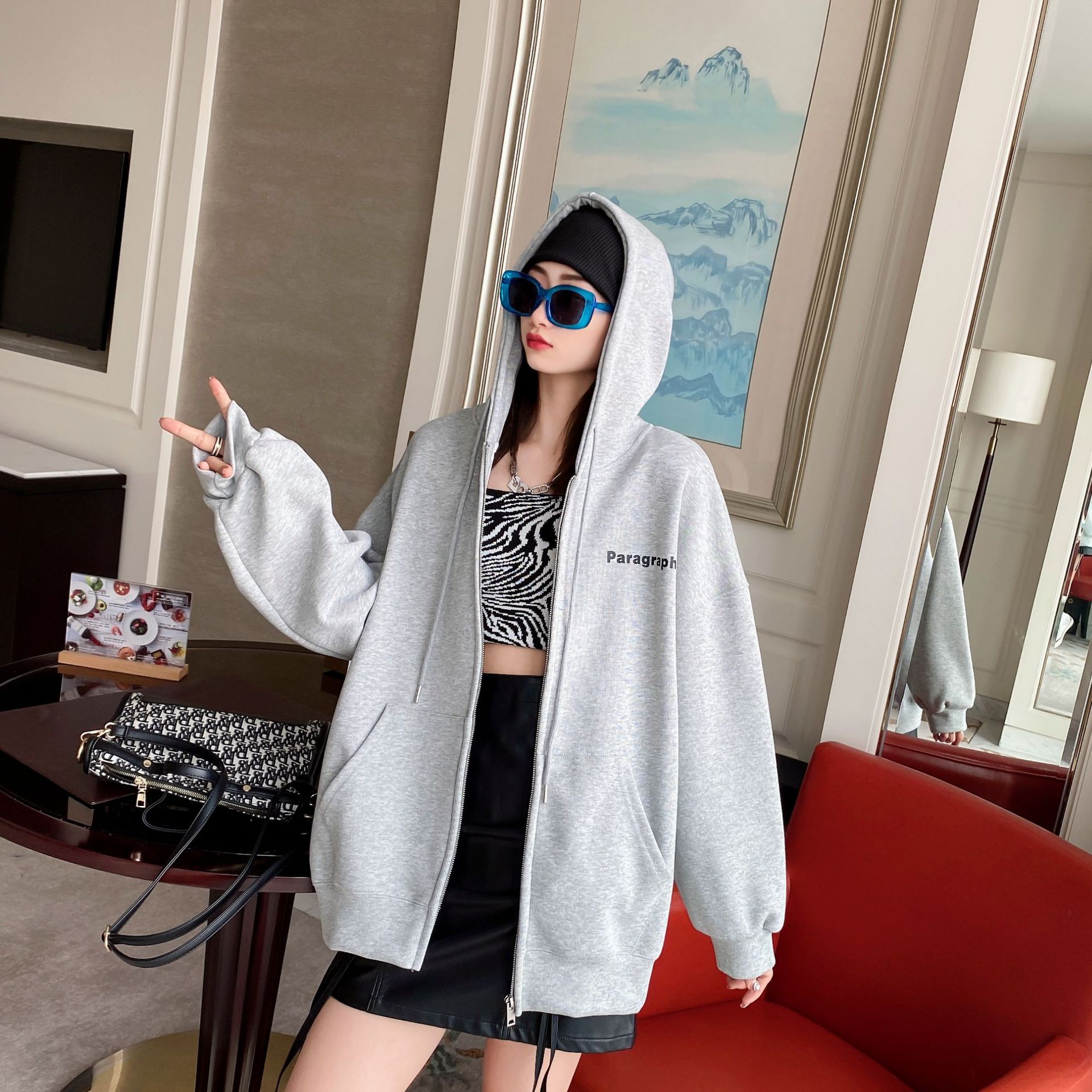 bc 韩国东大门2021春季新款潮版中长款t恤女大码连帽拉链开衫帽衫