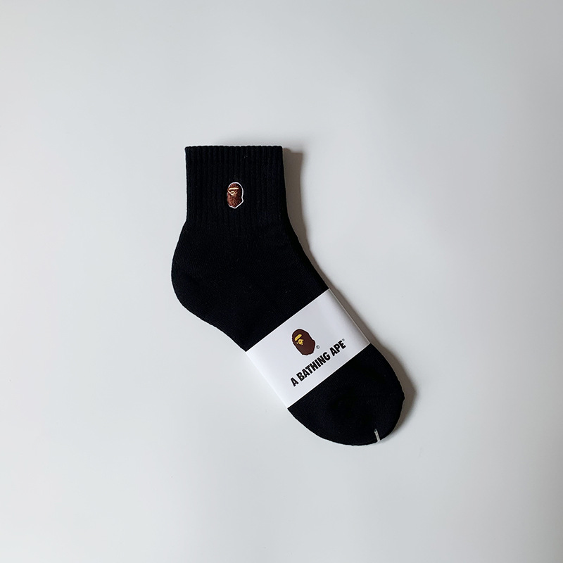 BAPE Ape Head Embroidery Socks Male and Female Middle Tube Japanese Style Fashion Brand Cotton Autumn and Winter Towel Bottom Black and White