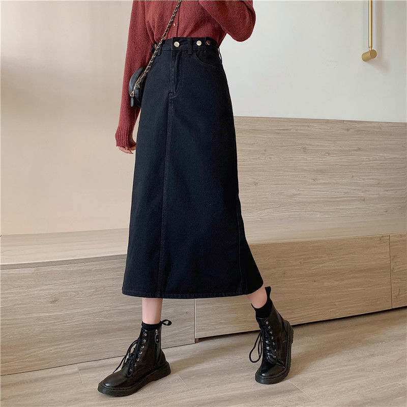 Straight Skirt Retro Black High Waist Denim Skirt Women's Autumn and Winter Split Slimming Versatile A- line Midi Skirt