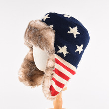 跨境外贸针织雷锋帽男女秋冬季保暖护耳五星条纹加绒加厚毛线帽子