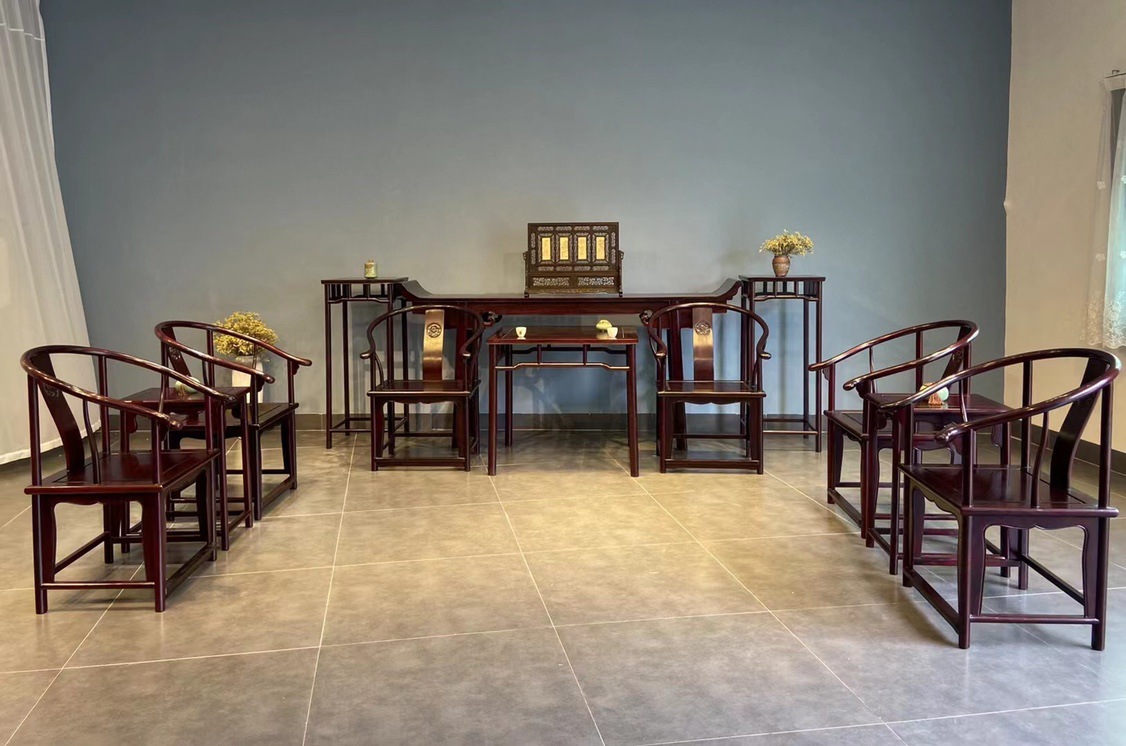 紫光檀东非黑黄檀简约圈椅中堂十二件套拜神台供奉桌椅清式明式