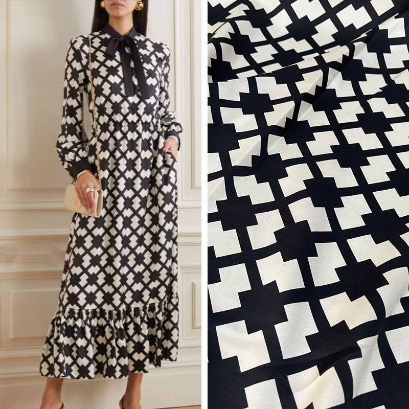 春夏款简约时尚黑白格子印花真丝斜纹绸服装女装裙子高定秀场布料