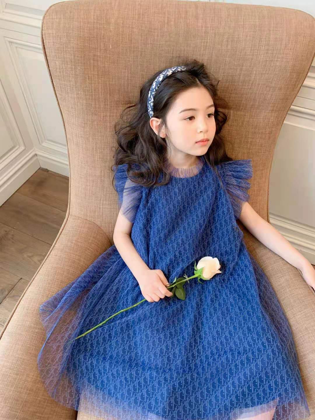 女童网纱公主裙夏2021新品高奢高定儿童蓝色字母满印中大童连衣裙