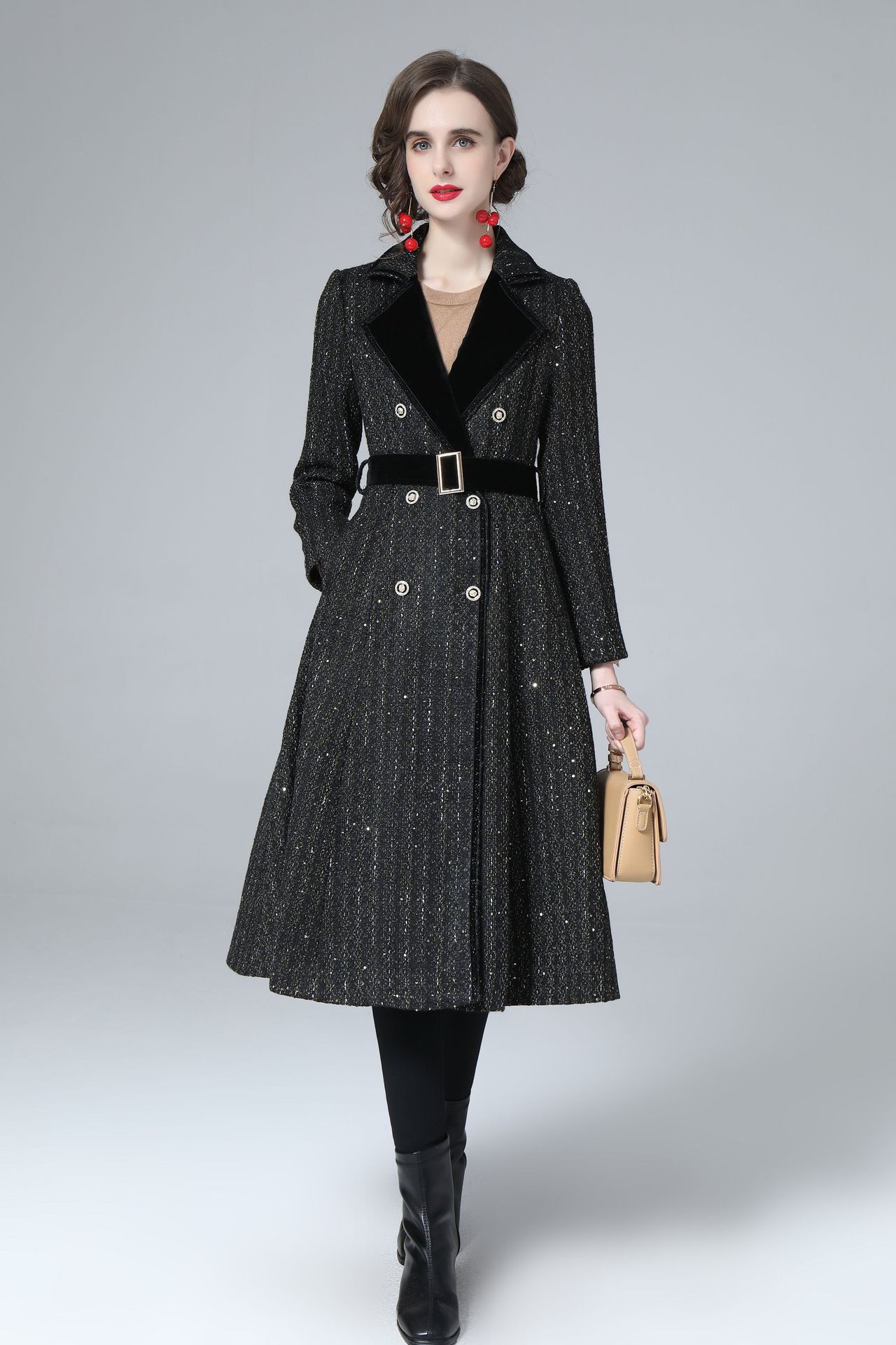 2021秋冬新品女装欧美粗毛呢配腰带拼接亮片大衣气质淑女呢子外套