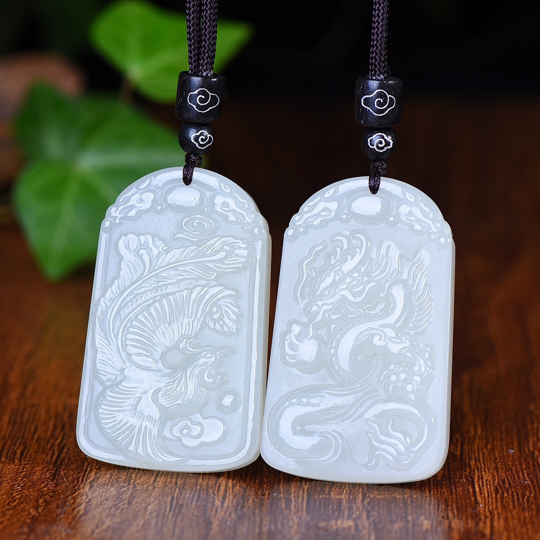 瑜雅轩 正品和田白玉龙凤对牌天然玉石龙凤和鸣情侣玉牌玉佩吊坠