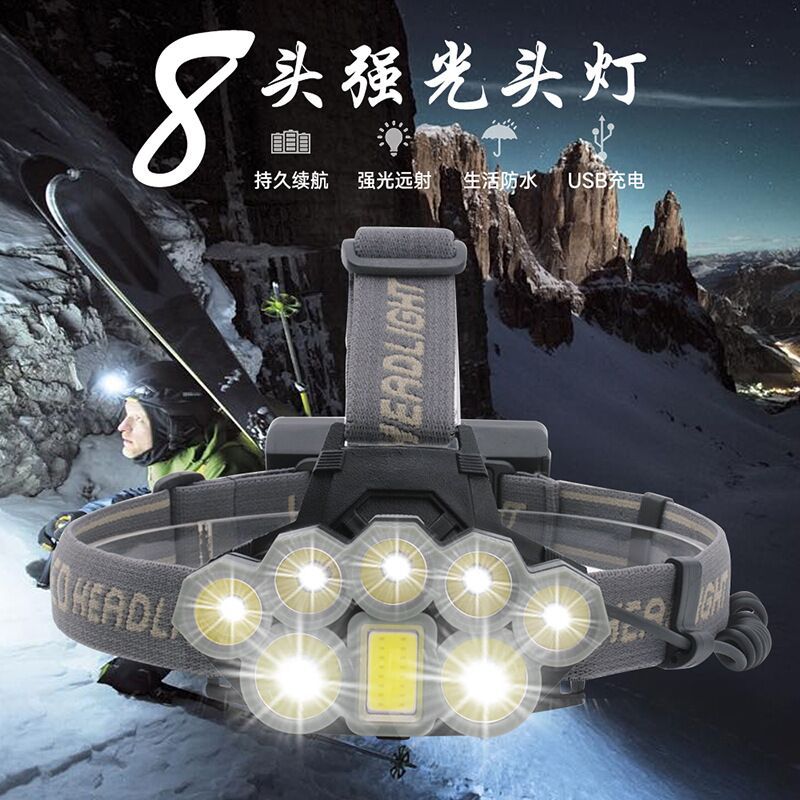 跨境新品8颗led灯头灯usb充电头灯变焦远射钓鱼灯铝合金 abs材质