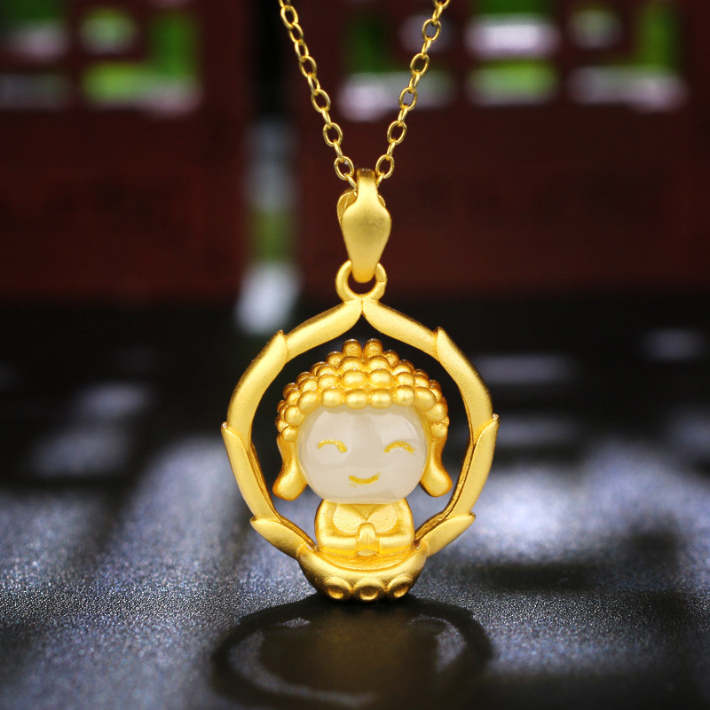 s925银镶和田玉古法金玉面金佛萌佛吊坠女金镶玉和田玉小沙弥吊坠