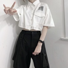 韩版夏季20超新款短工装衬衣高腰显瘦字母衬衫女短款学生上衣