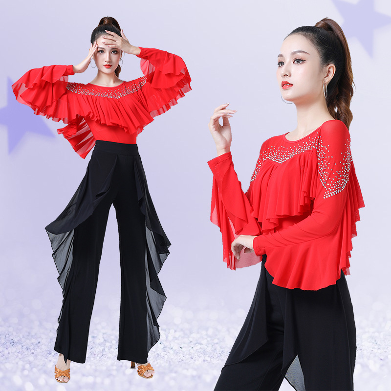 吉特巴服装女新款镶钻荷叶边舞蹈服交谊舞广场舞练功服拉丁舞上衣
