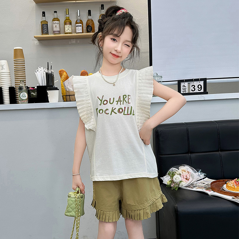 2024新款女童夏装套装夏季韩范洋气儿童夏天大童女装时髦飞袖短袖